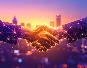 Abstract representation of a digital handshake over a vibrant city skyline at sunset, warm orange and purple tones, modern vector illustration, clean lines
