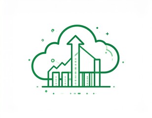 Minimalist line art illustration of a graph soaring upwards into a cloud, representing exponential growth and cloud computing, white background, clean vector style, vivid green color