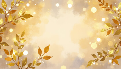 Frame With Golden Leaves and Glittering Bokeh Lights - A warm, luminous background design featuring gold leaves and soft bokeh lights.