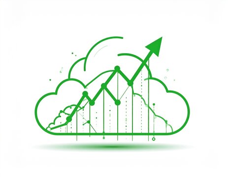Minimalist line art illustration of a graph soaring upwards into a cloud, representing exponential growth and cloud computing, white background, clean vector style, vivid green color