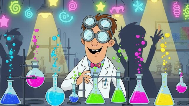 cartoon scientist performs colorful chemistry experiment