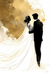 Modern Abstract Silhouette of Bride and Groom - A bride and groom, silhouetted against a gold and white splash backdrop, stand facing each other, dressed in a wedding dress and suit.