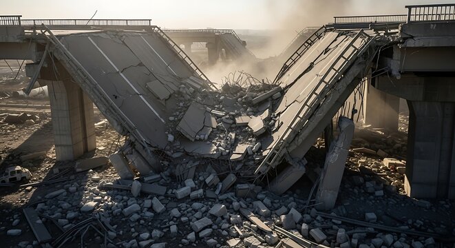 Destroyed bridge ruins after a military attack, war damage.