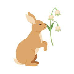 Cute Brown Rabbit Sniffing Spring Flowers Vector Illustration