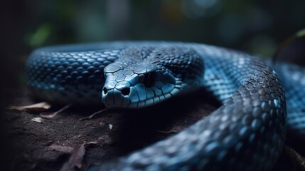Fototapeta premium Close-up Dramatic Portrait of a Dark, Blue-Tinged Snake Coiled in Shadowy Undergrowth