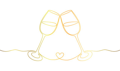 Two glasses of red wine in Continuous one line drawing.Romantic toast concept with heart shape eps 10