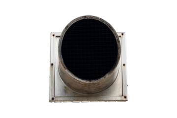 Side of large size aluminum ventilation pipe or air duct outlet. Exhaust vent outlet or smoke on wall brick brown in industry. Isolated on cut out PNG or transparent background.