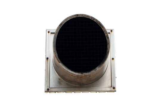 Side of large size aluminum ventilation pipe or air duct outlet. Exhaust vent outlet or smoke on wall brick brown in industry. Isolated on cut out PNG or transparent background.