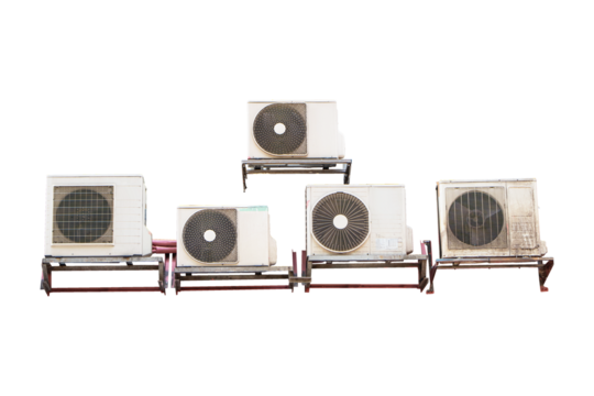 Structure of group old air conditioner compressor heat pumps and electrical circuit board isolated on cut out PNG or transparent background. Cooling pump technology for home or office industrial plant