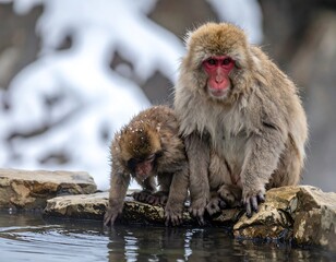 Obraz premium Snow monkey mother and baby by a hot spring