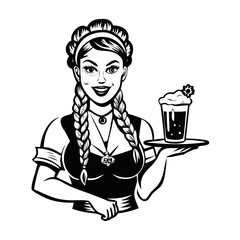 Black and White Barmaid with Beer. Oktoberfest Girl in Traditional Dress Vector.