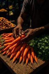 A vendor arranging bright orange carrots on a wooden table at a traditional farmers market.