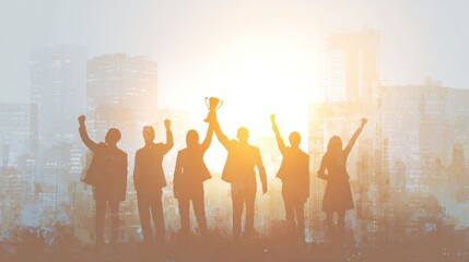 Silhouettes of a business team raising a trophy against glowing city lights, symbolizing success, victory, and achievement.