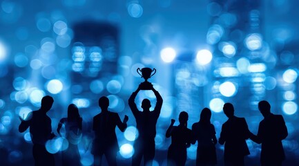 Fototapeta premium Silhouettes of a business team raising a trophy against glowing city lights, symbolizing success, victory, and achievement.