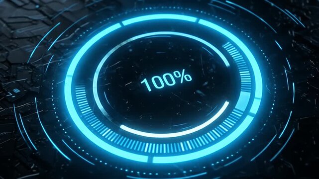 Futuristic Neon Blue Loading Circle Showing 100 Percent Complete.