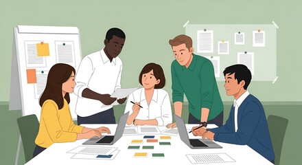 Diverse Business Team Brainstorming Strategy in a Modern Office