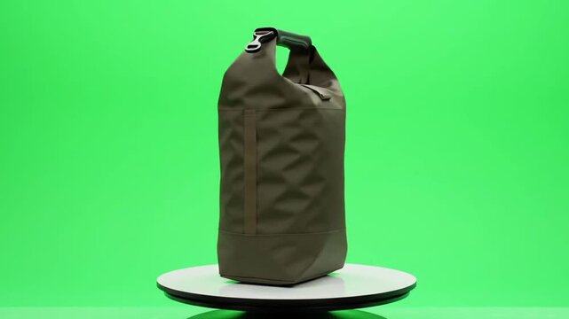 A stylish olive green roll-top bag with a geometric pattern, displayed on a white stand against a solid green background.