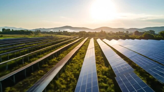 Aerial View of Solar Panel Farm at Sunrise/Sunset