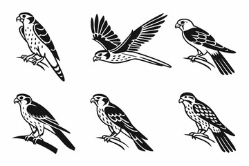 Eight minimalist kestrel icons in black yellow cyan magenta