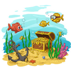 Underwater scene with treasure chest and cartoon fish isolated PNG with Transparent Background
