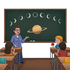 Teacher explains phases of the moon and Saturn to schoolchildren isolated PNG with Transparent Background