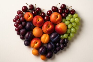 Assorted stone fruits including peaches, nectarines, plums, grapes, cherries arranged in heart shape promoting summer nutrition and freshness.