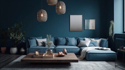 Fototapeta premium Cozy and Modern Living Room Interior with Deep Blue Walls and Comfortable Sectional Sofa