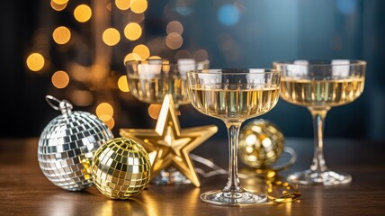 Golden champagne glow with crystal coupes and disco balls on luxe New Year&rsquo;s Eve table