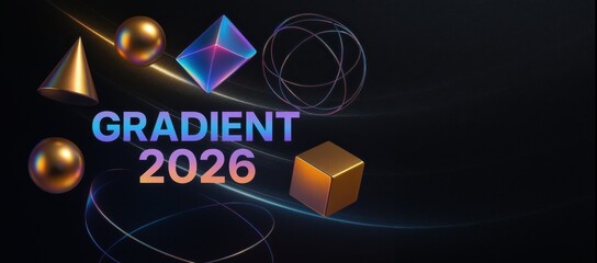 Banner Gradient crystal shapes and minimal typography in a futuristic dark background with glowing lights.