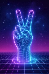 A glowing wireframe hand in cyberspace making a peace sign, against a starry violet-blue digital grid.