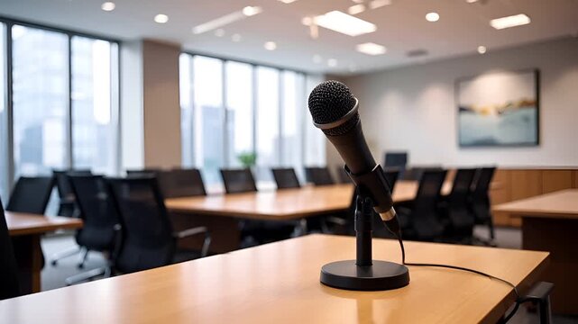 コーポレート会議室が柔らかくぼけた背景に、前景のデスク上にはマイクが置かれています。ビジネスミーティング、プレゼンテーション、会議記録、オンライン会議、集中やプロフェッショナルな雰囲気を象徴するイメージです。