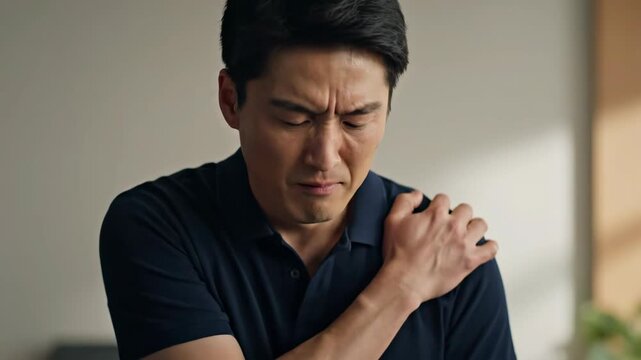 Asian Man Experiences Severe Shoulder Pain Indoors During the Daytime