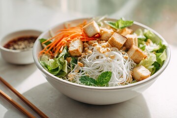 Vietnamese rice noodle salad with tofu, carrots, lettuce, mint and peanuts in wide bowl