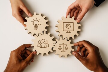 Four hands holding wooden gear icons symbolizing teamwork, ideas, technology, and quality control on white background.