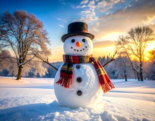 Obraz premium Snowman in snowy landscape at sunrise