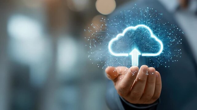 Holographic cloud upload icon held in a hand
