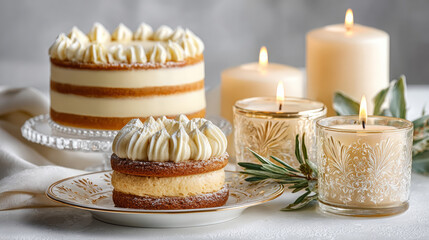 Christmas dessert table with layered cakes and glowing candles  