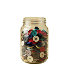 Glass jar filled with colorful sewing buttons isolated PNG with Transparent Background