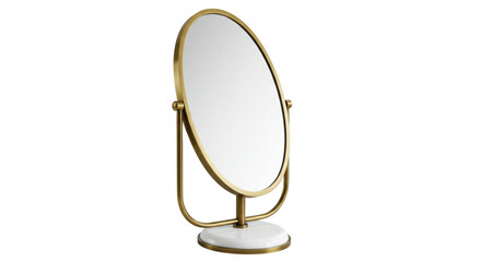 Elegant gold vanity mirror isolated, oval shape with marble base for makeup and grooming on a clean...