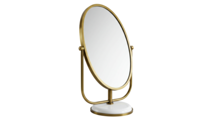 Elegant gold vanity mirror isolated, oval shape with marble base for makeup and grooming on a clean backdrop