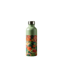 Floral green reusable water bottle isolated PNG with Transparent Background