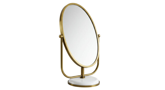 Elegant gold vanity mirror isolated, oval shape with marble base for makeup and grooming on a clean backdrop