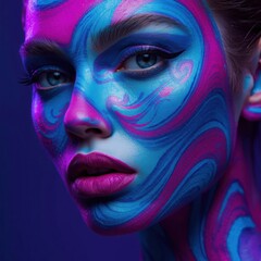 A vibrant portrait of a model with intricate blue and pink face paint, showcasing a blend of artistic makeup and striking features.