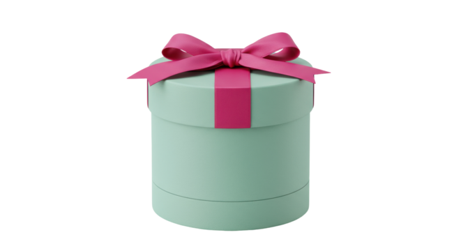 Mint green round gift box with pink ribbon isolated, present container for birthdays and special occasions