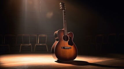 Dramatic Spotlight Illuminating a Beautiful Acoustic Guitar Standing Alone on a Dark Stage