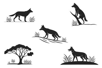 Eight minimalist dingo icons in black and color
