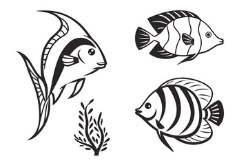 Eight minimalist discus fish icons in black and color