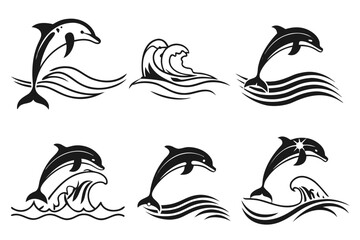 Minimalist dolphin jumping over waves icon set