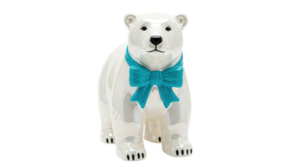 Naklejka premium Ceramic polar bear figurine with blue bow isolated on transparent background, cute animal decoration for holiday season