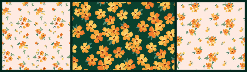 Seamless floral pattern, liberty ditsy print of mini hand drawn plants. Cute botanical design collection of small yellow flowers, tiny leaves, simple bouquets. Textile fashion, vector illustration.